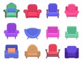 Armchair furniture. Armchair sofa, apartment interior comfortable furniture, modern cozy domestic chair vector isolated