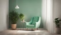 Armchair and potted plant in a room with mint lampshade