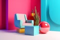 armchair geometric memphis sofa art interior design window colourful room home. Generative AI.