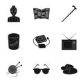 Armchair, slippers, tonometer and other attributes of old age.Old age set collection icons in black style vector symbol