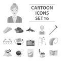 Armchair, slippers, tonometer and other attributes of old age.Old age set collection icons in monochrome style vector Royalty Free Stock Photo