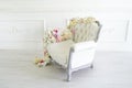 Armchair in white room. Beautiful interior, decorated with flowers. Toning in the style of instagram Royalty Free Stock Photo