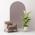 Armchair wiht pot plant and arch in white interior space