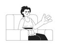 Armchair woman asian young adult black and white 2D cartoon character