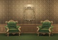 Armchairs and Empty golden frame on a wall Royalty Free Stock Photo