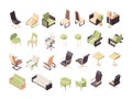 Armchairs isometric. Office furniture modern low poly chairs collection vector 3d objects isolated