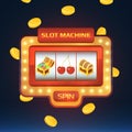 Armed bandit, game machine in casino with different isolated pictures. Open and closed chest with treasures and cherry