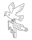 An armed dove in flight. Pigeon sticker in outline.