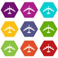 Armed fighter jet icon set color hexahedron Royalty Free Stock Photo