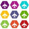 Armed fighter jet icon set color hexahedron Royalty Free Stock Photo