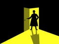 Armed man standing in the doorway. Man with gun in an open door. Light from the open door.