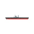 Armed military boat with radar and lot of cannons. Cartoon icon of warship. Large ship with weapons. Hi-speed water