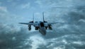 Armed military fighter jet in flight on the cloudly sky background - 3d render