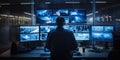 An armed security guard in a bank diligently monitors the situation inside the building using surveillance monitors