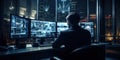 An armed security guard in a bank diligently monitors the situation inside the building using surveillance monitors