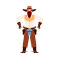 Armed cowboy or bandit in bandana and hat, flat vector illustration isolated. Royalty Free Stock Photo