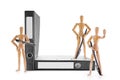 Armed wooden mannequins guarding office folders Royalty Free Stock Photo