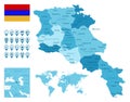 Armenia detailed administrative blue map with country flag and location on the world map.
