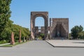 Armenia, Echmiadzin, September 2021. Huge stone entrance gate to the monastery.