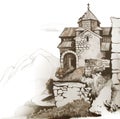 Armenia. Fairy tale in stone. Sketch of ancient Armenian church on shore of Lake Sevan. Hand drawn artwork. Landscape drawing in