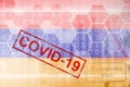 Armenia flag and futuristic digital abstract composition with Covid-19 stamp. Coronavirus outbreak concept