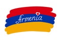 Armenia flag, stylized vector illustration with handwritten country name text. Red blue yellow flag of Armenia, hand drawn country