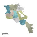 Armenia higt detailed map with subdivisions. Administrative map of Armenia with districts and cities name, colored by states and