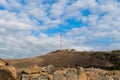 Armenia, Khor Virap, September 2022. Armenian flag with a cross on the mountain. Royalty Free Stock Photo