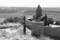 Armenia, Khor Virap, September 2021. Black and white shot of the famous Christian monastery. Royalty Free Stock Photo