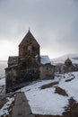 Armenia, Lake Sevan - January 9, 2026: Stone churches of the Sevanavank Monastery stand on snowy plateau above lake Royalty Free Stock Photo