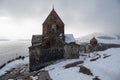 Armenia, Lake Sevan - January 9, 2026: Stone churches of the Sevanavank Monastery stand on snowy plateau above lake Royalty Free Stock Photo