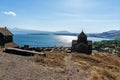 Armenia, Lake Sevan, September 2021. Top of the mountain with a monastery and a view of the lake.