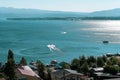 Armenia, Lake Sevan, September 2021. Various water transport on a huge blue lake.