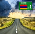 Armenia road sign against clear blue sky