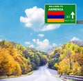 Armenia road sign against clear blue sky