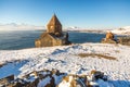 Sevanavank temple complex on Lake Sevan in winter day