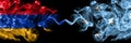 Armenia vs Micronesia, Micronesian smoky mystic flags placed side by side. Thick colored silky abstract smoke flags