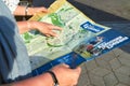 Armenia, Yerevan - June 12, 2017. Russian female tourists using a paper map on Yerevan street