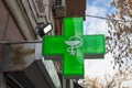 Armenia, Yerevan - March 8, 2024: Green cross indicating a pharmacy