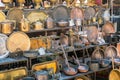 Armenia, Yerevan, September 2021. A counter with vintage copper kitchen utensils in the souvenir market.