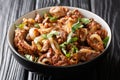 Armenian cuisine recipe chicken liver, heart and stomachs with onions, tomatoes and spices close-up in a bowl. horizontal