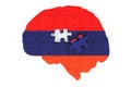 Armenian flag painted on the brain from puzzles. Scientific research and education in Armenia concept, 3D rendering