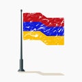 Armenian flag with scratches, vector flag of Armenia waving on flagpole with shadow.