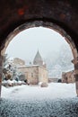 Armenian monastery Geghard, a view through an tuff arch entrance