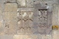 Armenian stone cross called khachkar are built into the walls of the Tatev Monastery. Armenia Royalty Free Stock Photo