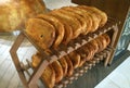 Armenian traditional breads for sale on the bakery wooden shelfs