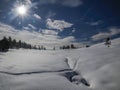 Armentara fields on Cross Mountain peak Monte croce in winter dolomites snow panorama val badia valley