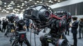 Armies showcasing advanced war robots at technology expo modern venue exhibition industrial close-up innovation