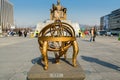 Armillary Sphere model in front of the statue of the Sejong daewang, also called the Sejong the Great, the fourth king of Joseon-