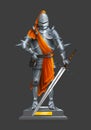 Armor ancient knight with a sword and orange cloth on a pedestal.